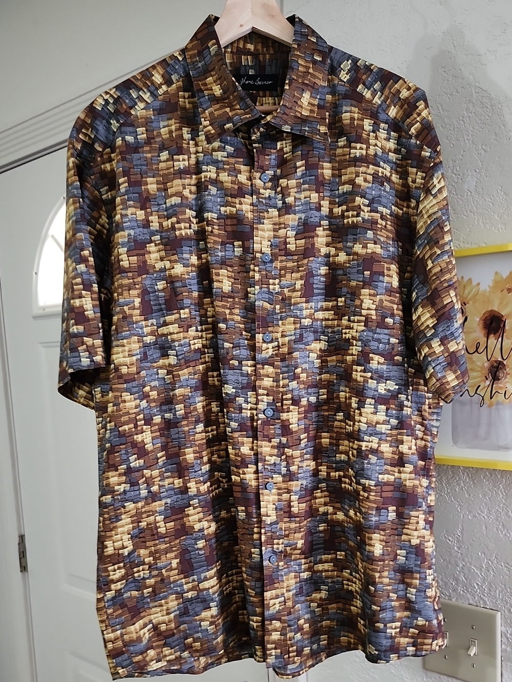 Vintage Jhane Barnes Silk Blend Geometric Fractal Shirt Short Sleeve Mens XL